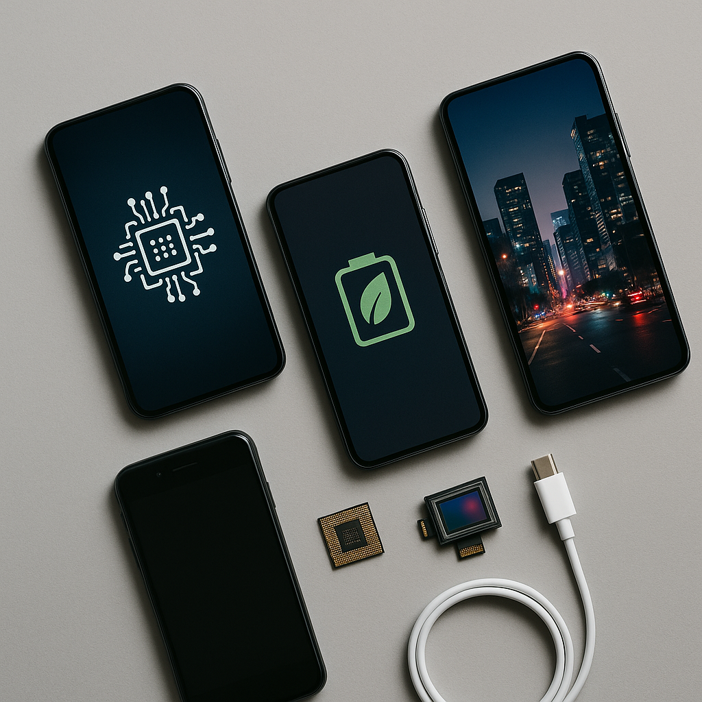 Clean flat-lay of multiple logo-free smartphones on a neutral gray background highlighting 2026 upgrades—on-device
